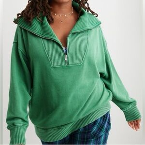 Aerie Down To Earth Green Quarter Zip Pullover Sweater Oversized M